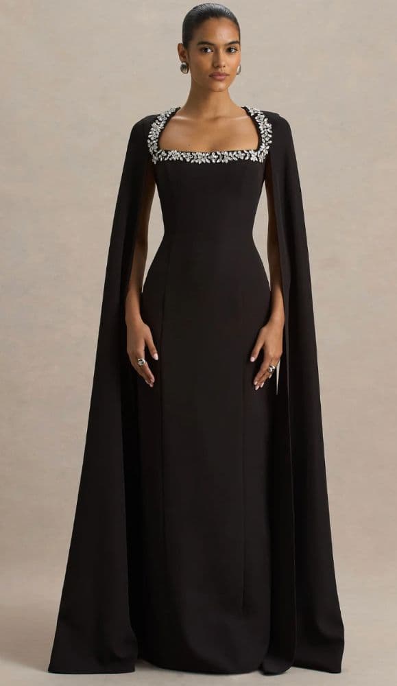 CLUB L LONDON Glossy Black Woven Square-Neck Maxi Dress With Cape Sleeves and Hand-Embelished Dress - Image 1