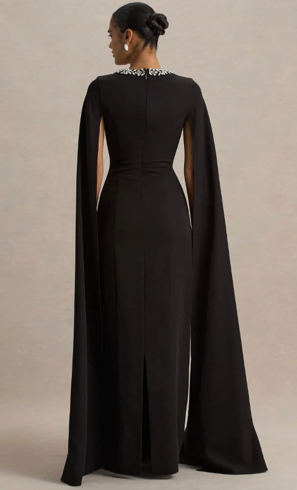 CLUB L LONDON Glossy Black Woven Square-Neck Maxi Dress With Cape Sleeves and Hand-Embelished Dress - Image 2