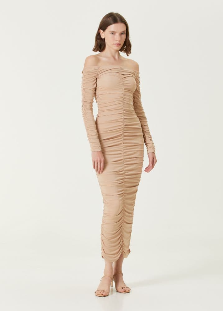 Zeynep Arçay Beige Low Shoulder Gathered Midi Jersey Dress - Image 1