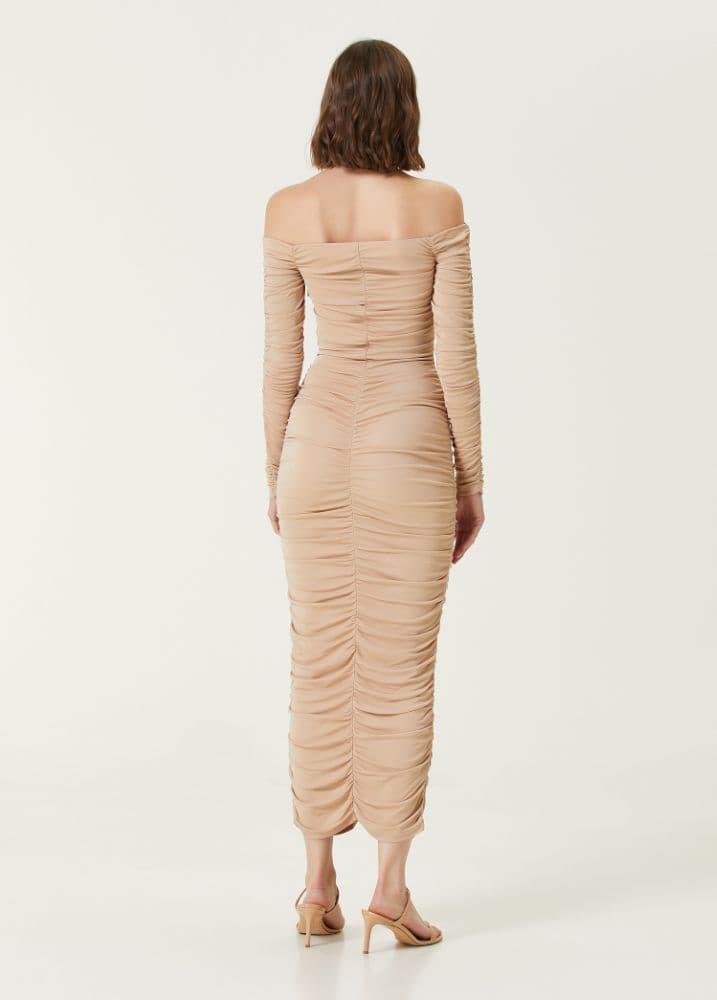 Zeynep Arçay Beige Low Shoulder Gathered Midi Jersey Dress - Image 2
