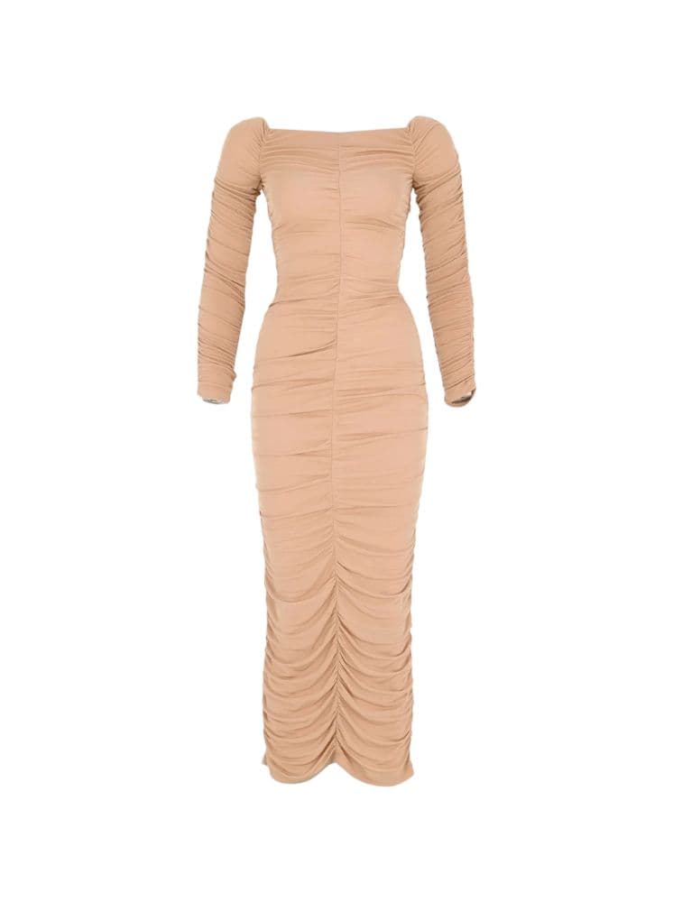 Zeynep Arçay Beige Low Shoulder Gathered Midi Jersey Dress - Image 3