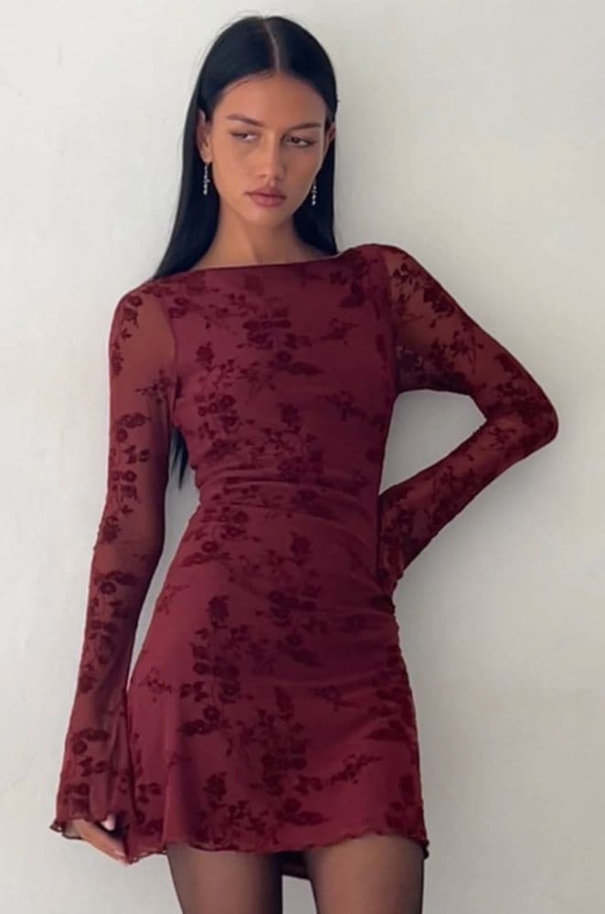 Sevila Long Sleeve Mini Dress in Flocked Botanical Flower - Image 4