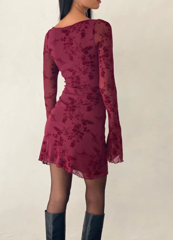 Sevila Long Sleeve Mini Dress in Flocked Botanical Flower - Image 3
