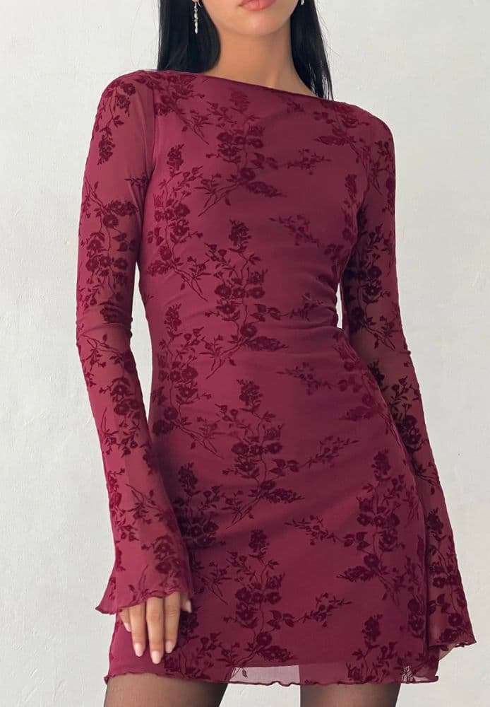 Sevila Long Sleeve Mini Dress in Flocked Botanical Flower - Image 2