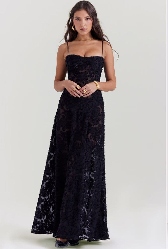 Seren Black Floral Lace Back Maxi Dress - Image 4