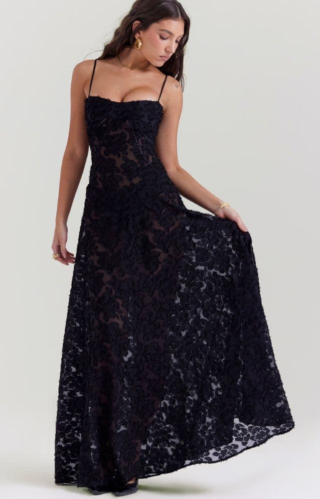 Seren Black Floral Lace Back Maxi Dress - Image 3