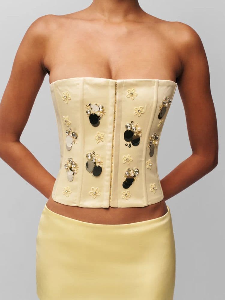 Guizio Embellished Satin Corset (Pale Yellow Strapless Bandeau Tube Top) - Image 3