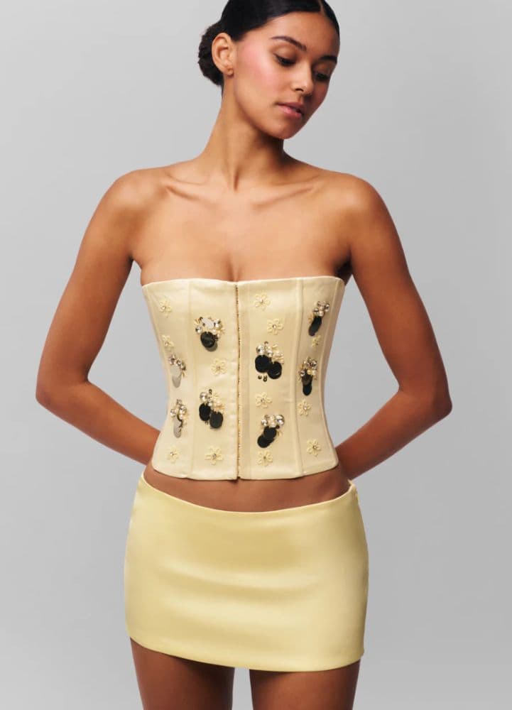 Guizio Embellished Satin Corset (Pale Yellow Strapless Bandeau Tube Top) - Image 1