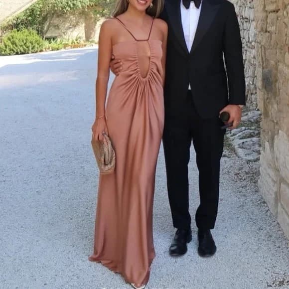 Cutout Ruched Knitted Maxi Dress In Antique Rose - Image 1
