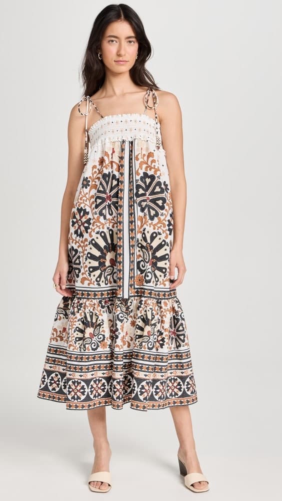 FARM Rio Flower Fan Tapestry Off-White Midi Dress - Image 1