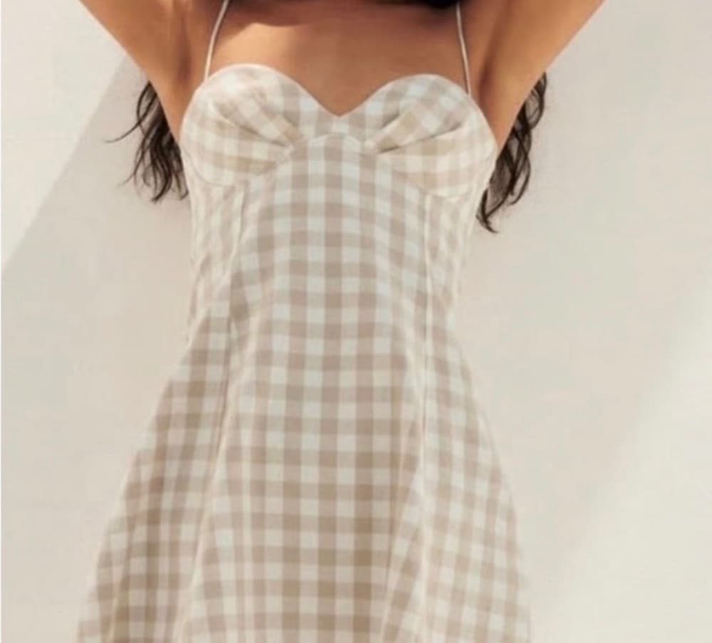Zara Ecru/Beige Linen Blend Gingham Check Mini Dress - Image 1