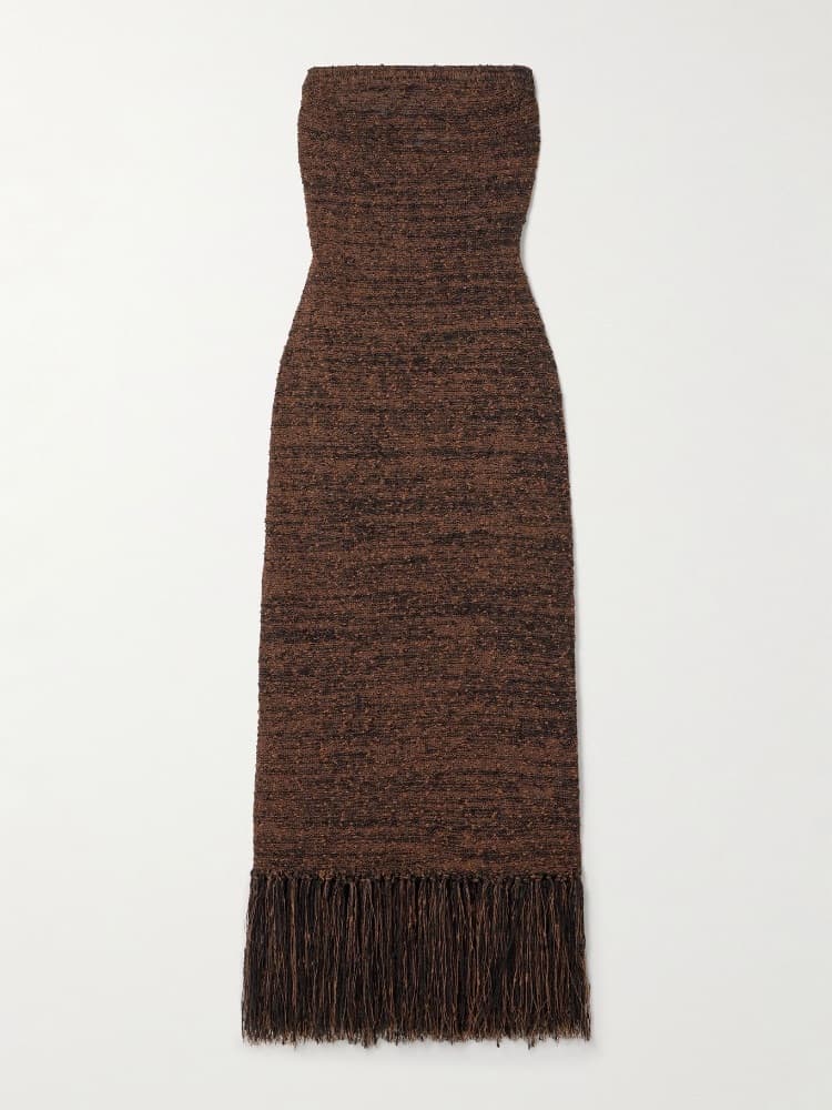 Frame Strapless Fringed Boucle Midi Dress - Image 1