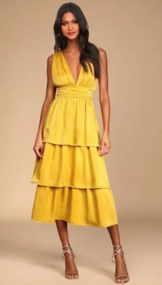 Lulus Peak Party Vibe Mustard V-Neck Tiered Satin Party Dress - Image 1