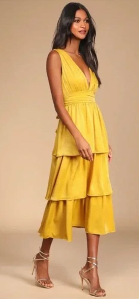 Lulus Peak Party Vibe Mustard V-Neck Tiered Satin Party Dress - Image 2