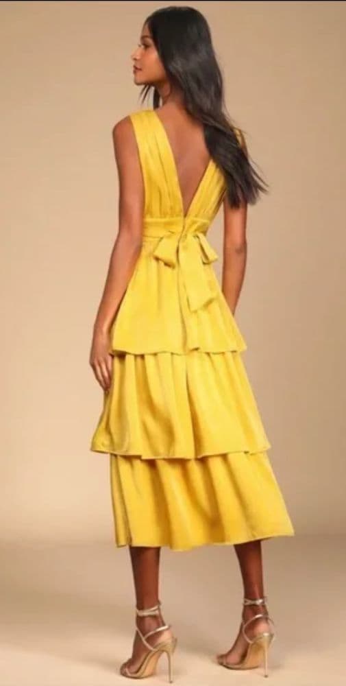 Lulus Peak Party Vibe Mustard V-Neck Tiered Satin Party Dress - Image 4