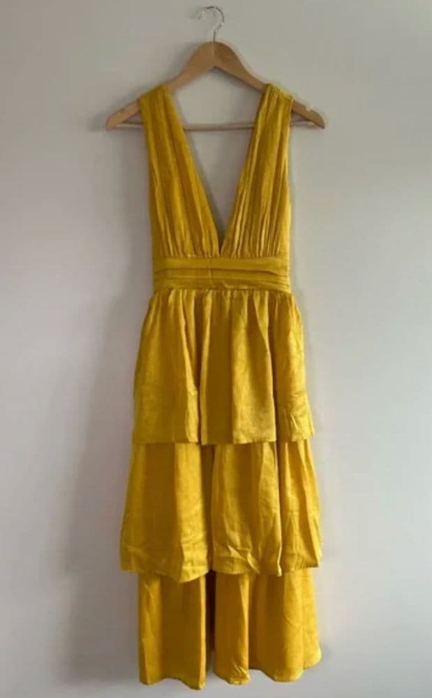 Lulus Peak Party Vibe Mustard V-Neck Tiered Satin Party Dress - Image 5