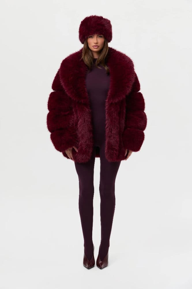 Naked Wardrobe Maroon Fur Coat + Headband - Image 1