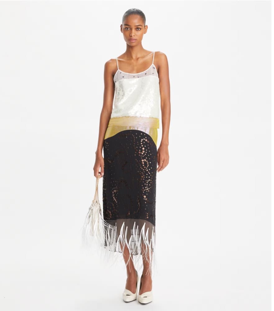 Tory Burch Embellished Lame Slip Top and Feathered Skirt Set - Image 1