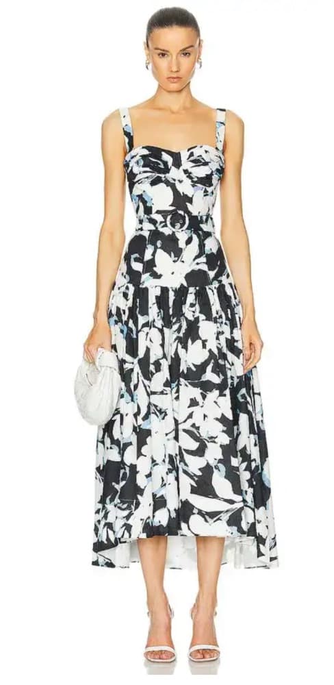 NICHOLAS Drenica Drop Waist Corset Midi Dress - Black Blur Print - Image 1