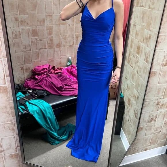 Royal Blue Form Fitting Jersey Dress w/ Ruching & Strappy Back, La femme - Image 5
