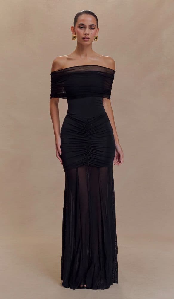 Meshki - Caspian Slinky and Mesh Off Shoulder Maxi Dress - Black - Image 1