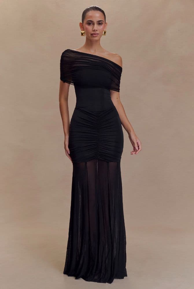 Meshki - Caspian Slinky and Mesh Off Shoulder Maxi Dress - Black - Image 4