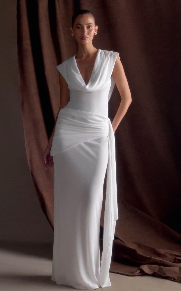 Meshki - Giulia Chiffon Draped Maxi Dress White - Image 3