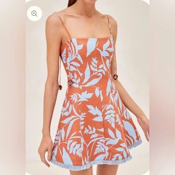 Alexis Orange and Blue Leaf Print Mini Dress - Image 1