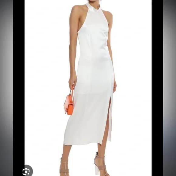 Alice + Olivia "Regina" satin halter dress featuring an open back and front slit. - Image 2