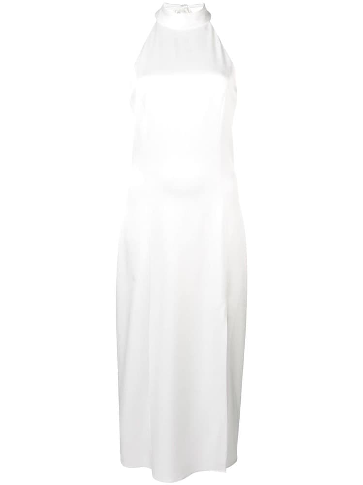 Alice + Olivia "Regina" satin halter dress featuring an open back and front slit. - Image 3