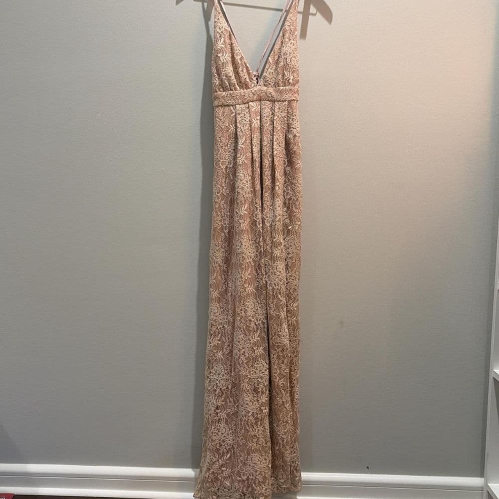 Stolen Moments Dusty Pink Lace-Up Lace Maxi Dress - Image 3