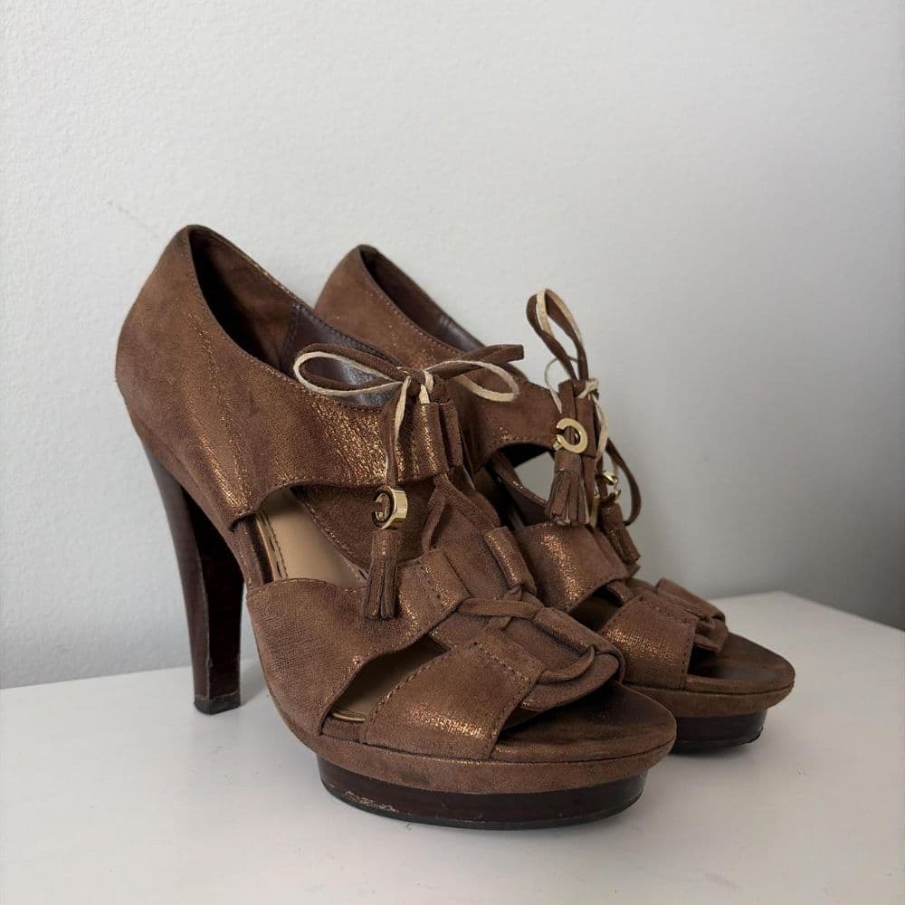 Vintage Coach brown leather platform lace up heels - Image 1