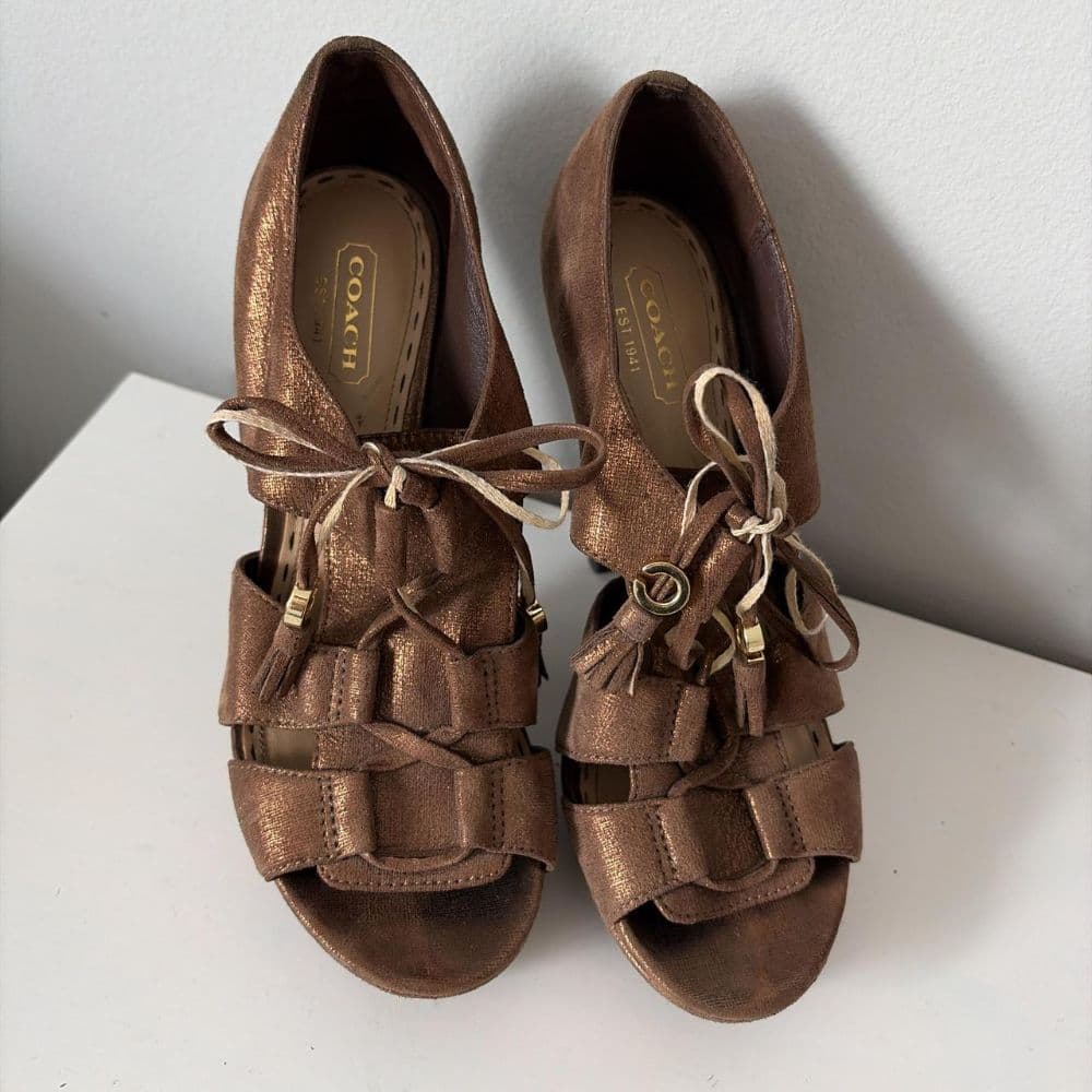 Vintage Coach brown leather platform lace up heels - Image 2