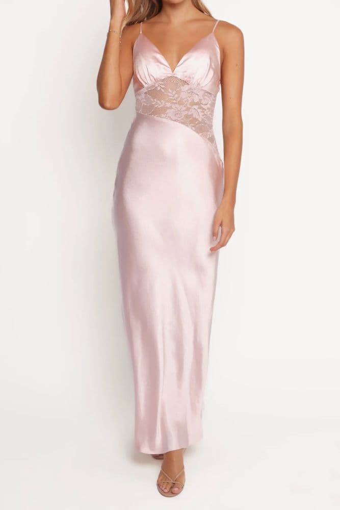 Milla Sheer Lace Inset Satin Pale Pink Maxi Dress - Image 1