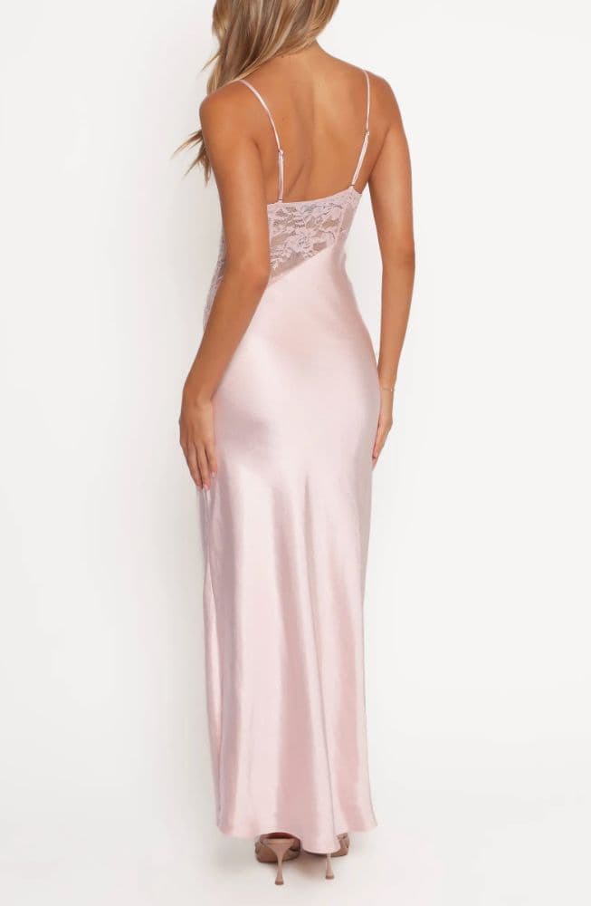 Milla Sheer Lace Inset Satin Pale Pink Maxi Dress - Image 2