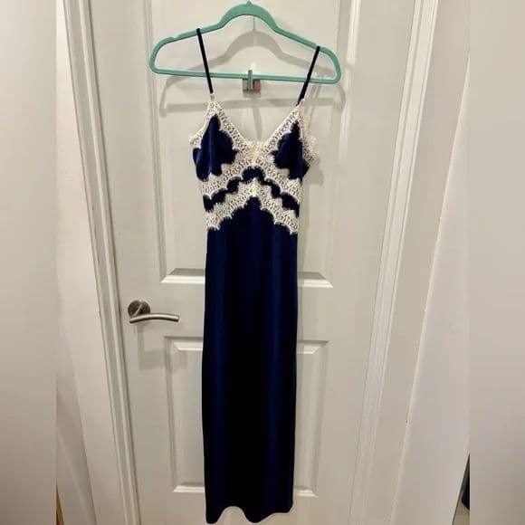 Blue Satin Lace Maxi Dress - Image 2