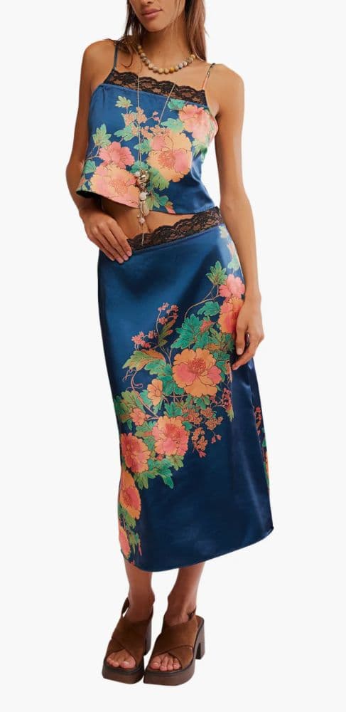 Free People Salvatore Floral Lace Trim Camisole & Midi Skirt Set - Image 1