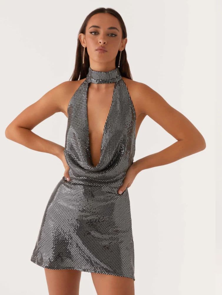 Peppermayo Nora Sequin Cowl Neck Mini Dress - Black - Image 1