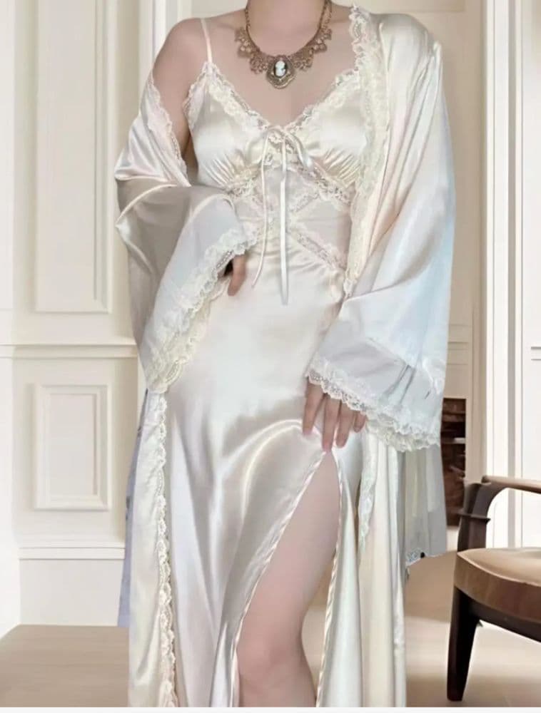 Ivory Satin Lingerie Set, Vintage Lace Robe and Slip, Bridal Sleepwear - Image 2