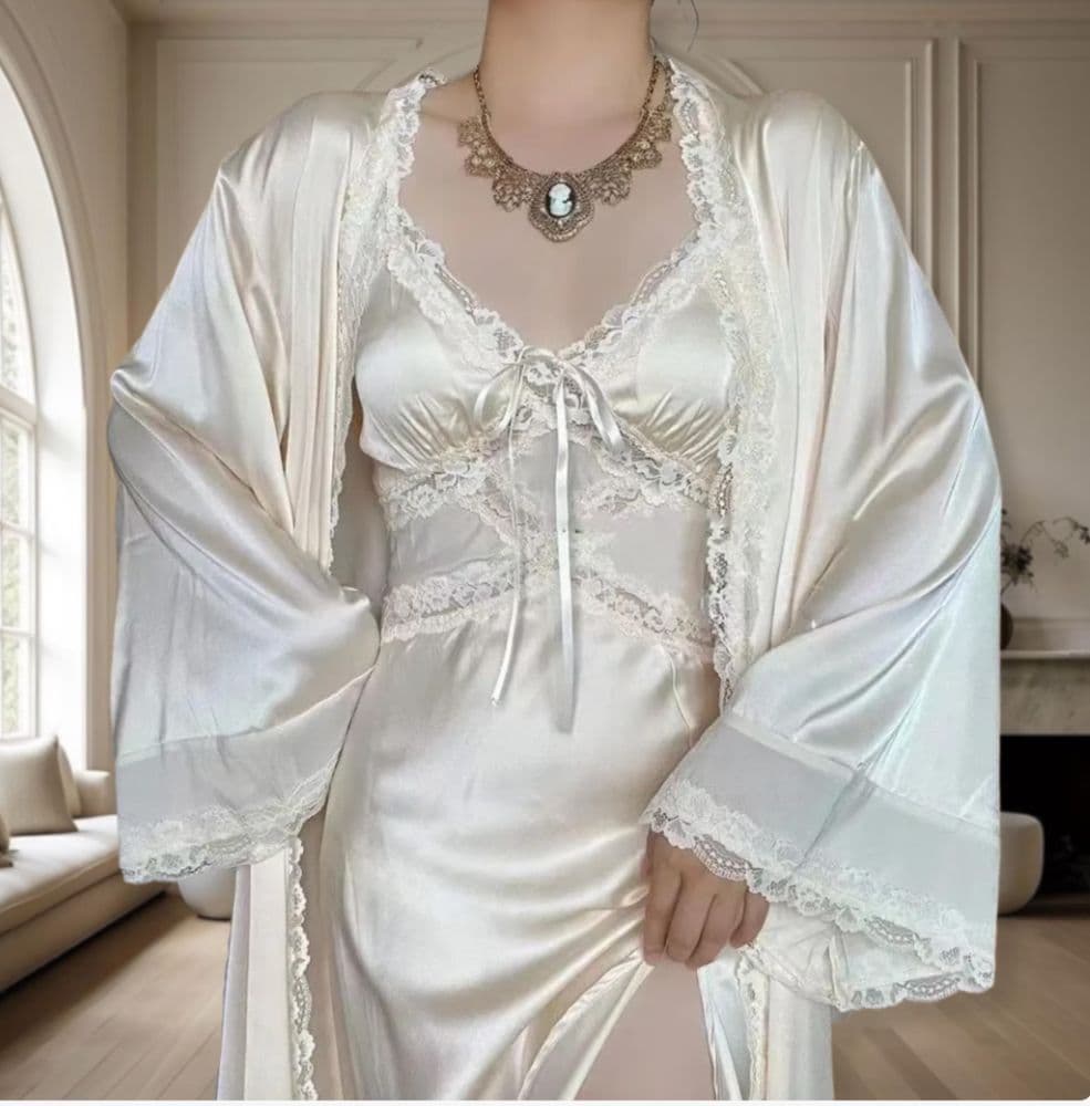 Ivory Satin Lingerie Set, Vintage Lace Robe and Slip, Bridal Sleepwear - Image 3