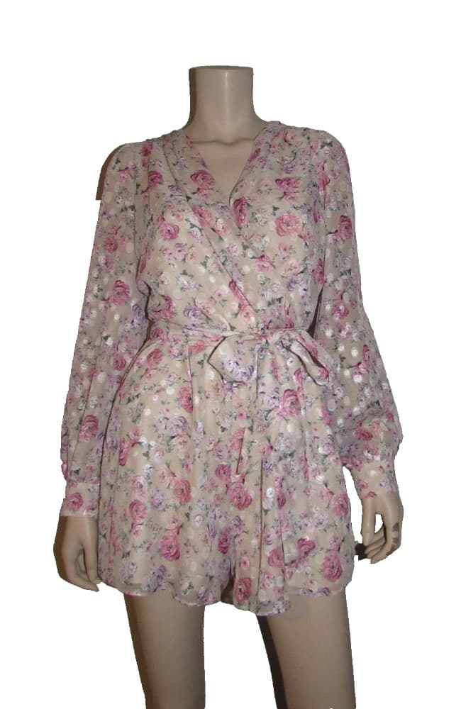 EXPRESS Floral V Neck Long Sleeve Tie-Belt Romper Party Dress - Image 1