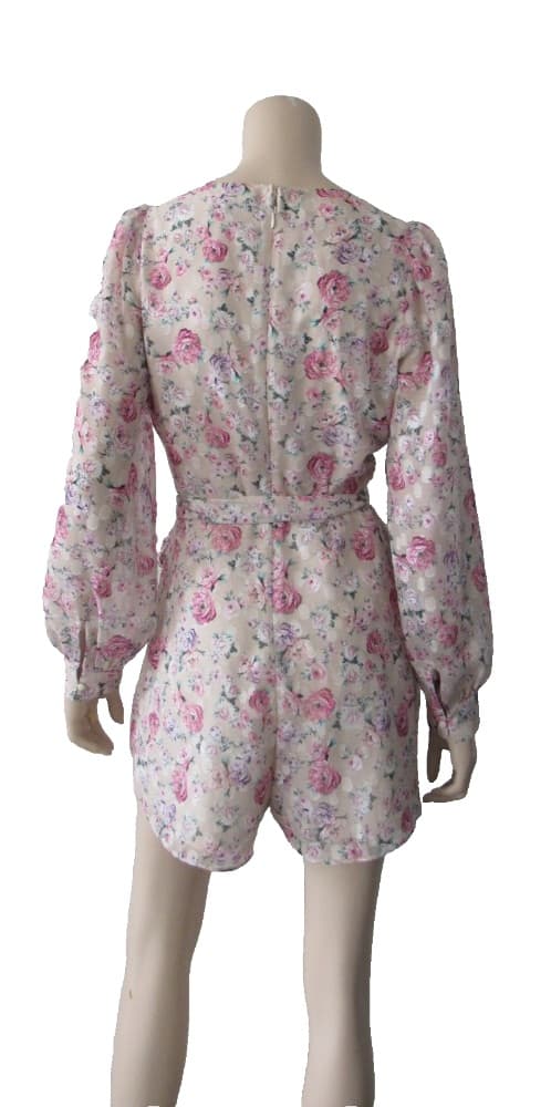 EXPRESS Floral V Neck Long Sleeve Tie-Belt Romper Party Dress - Image 2