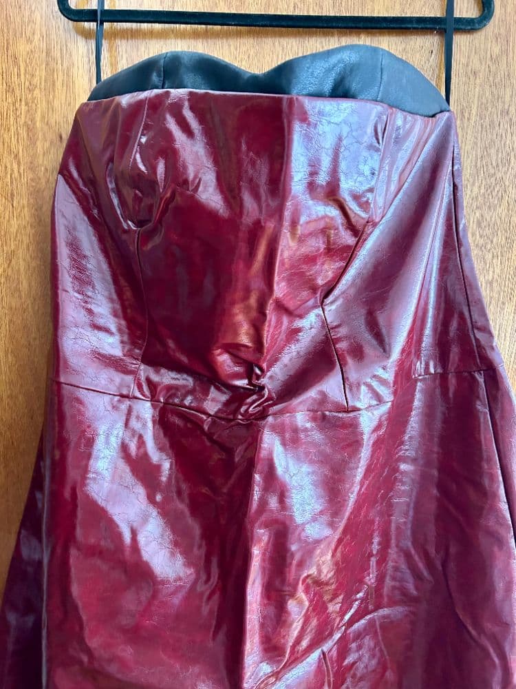 Burgundy Vinyl Edgy Strapless Dress - Image 5
