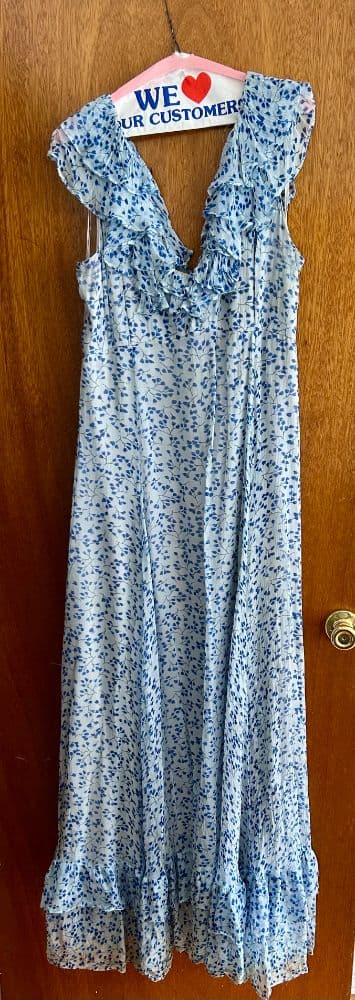 Blue Floral Tiered Maxi – Romantic Ruffled Garden Gown - Image 3