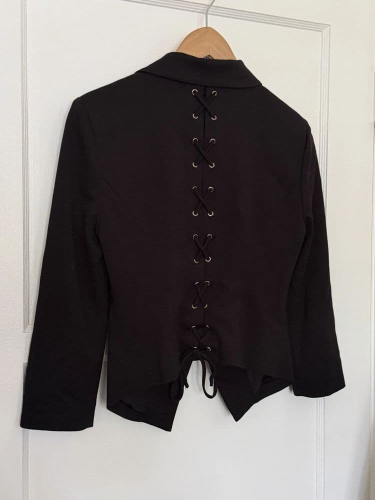 Bebe Black Corset Lace Up Tie Office Siren Minimalist Cropped Blazer Sz 6 Small - Image 6