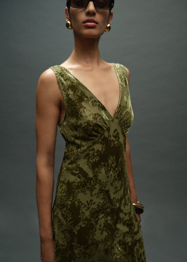 Mango Jacquard V-Neck Velvet Dress - Image 1