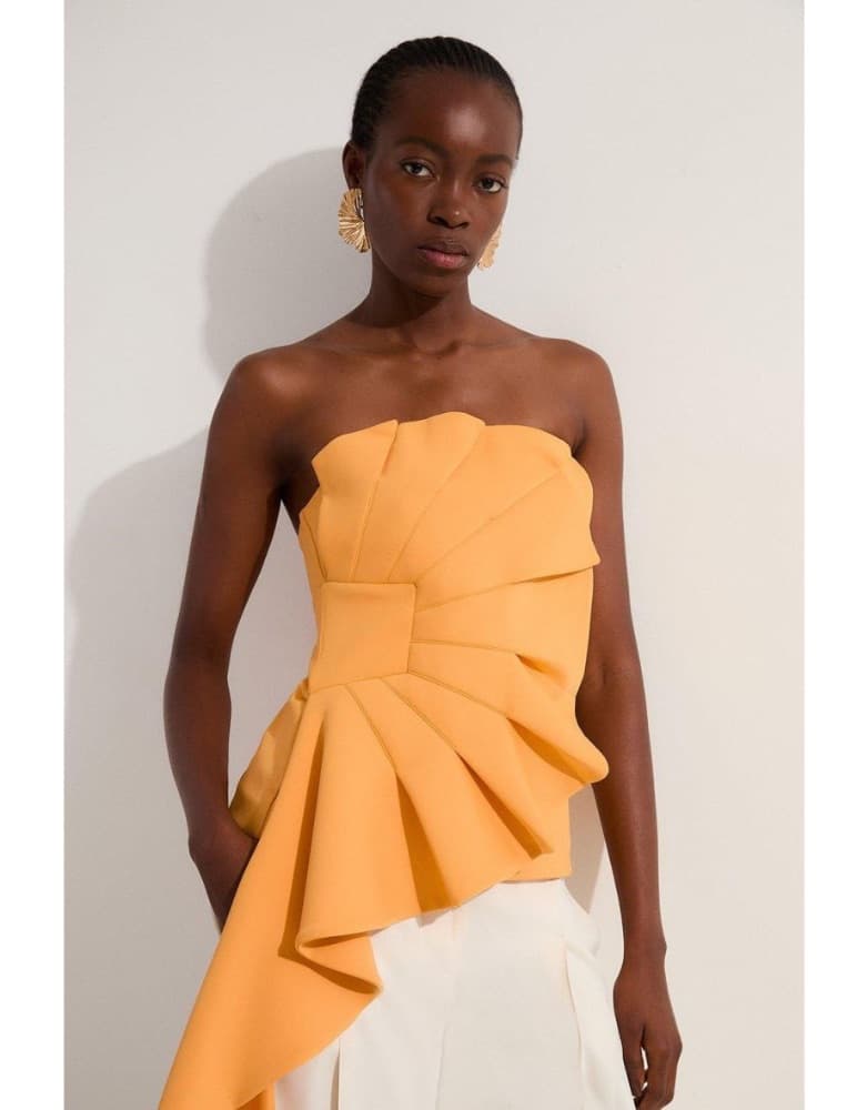 KAREN MILLEN Women's Orange Scuba Drama Ruffle Strapless Woven Top - Image 4