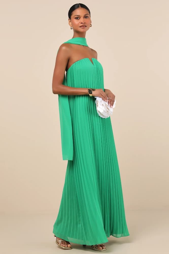 Lulus Lael Green Pleated Strapless Dress and Scarf Set - Image 1