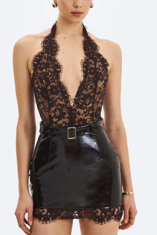 Faris Mahogany Plunging Halter Belted Mini - Image 1