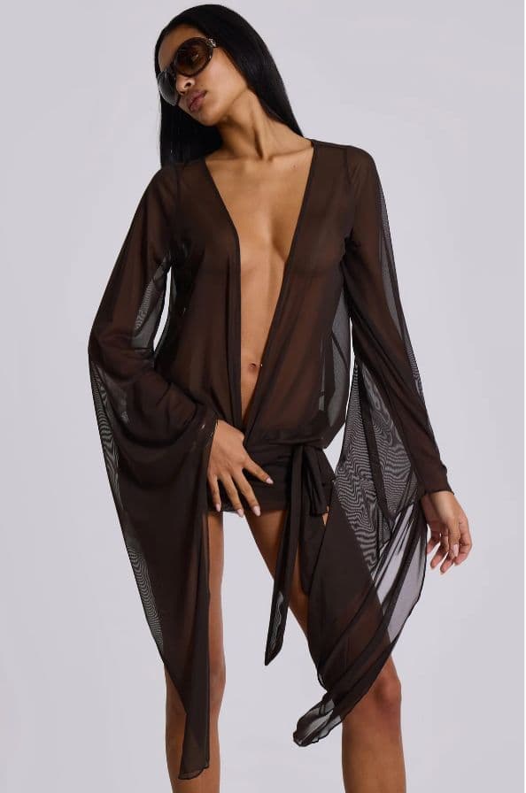 Aria Mesh Plunge Mini Dress in Brown Jaded London - Image 1